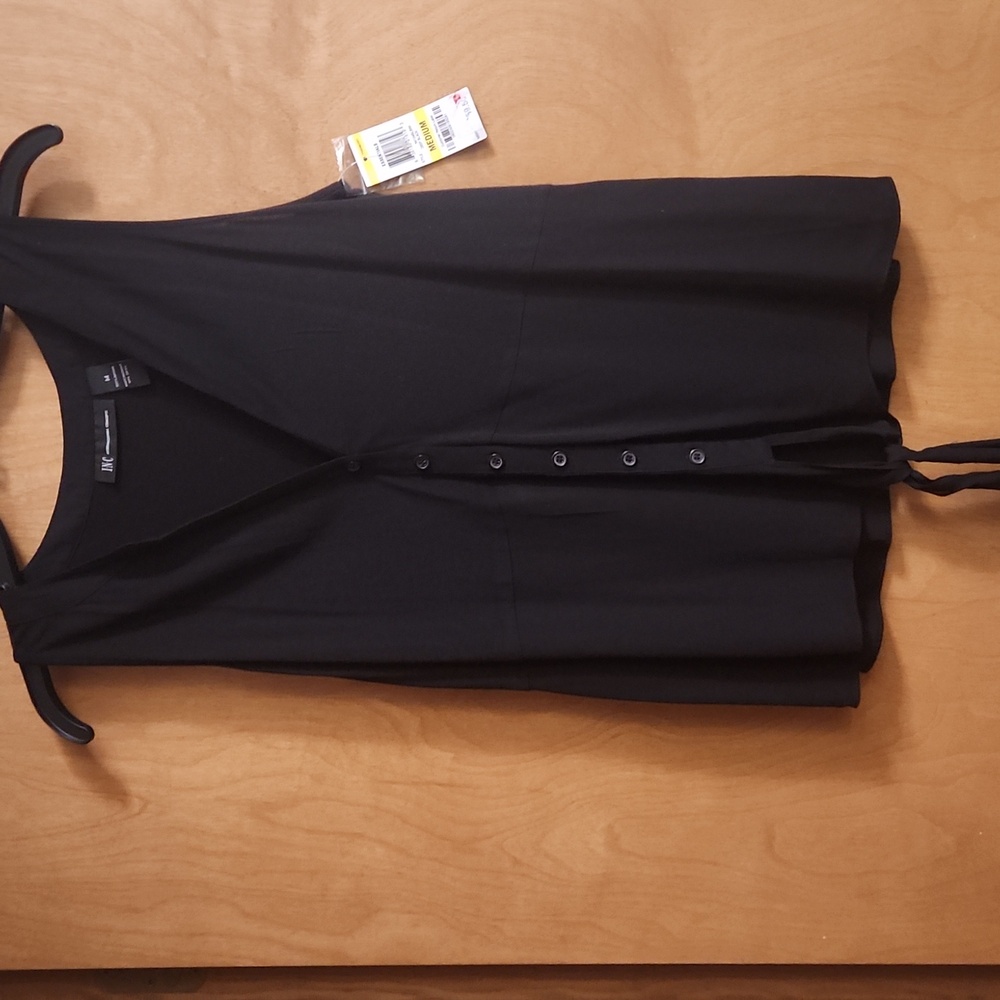 INC-- tie-waist sleeveless blouse/ vest. Medium, black, extra button included.